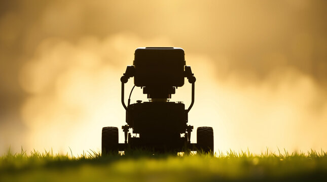 A robot with a camera on a tripod in a serene night setting on the grass. - Powered by Adobe