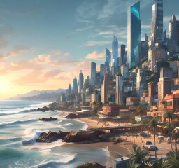 Obraz premium Futuristic city on ocean ridge.