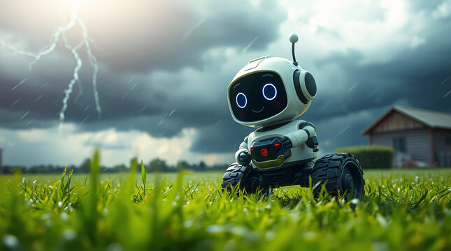 A robot with a camera on a tripod in a serene night setting on the grass.