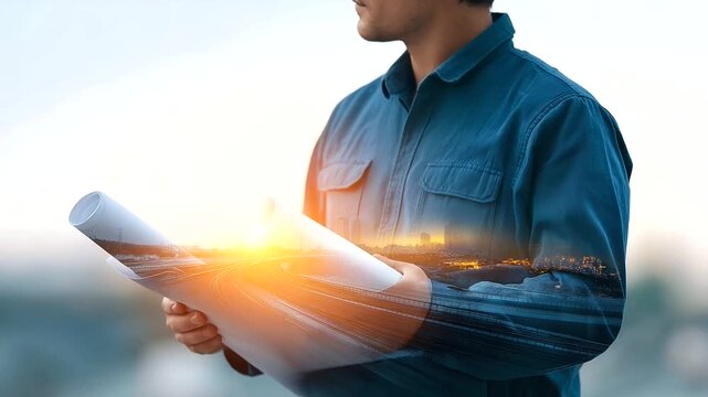 A civil engineer studies blueprints overlaid with a city skyline in a double exposure effect.