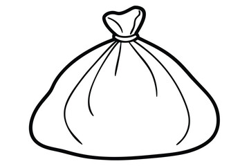 Black and white illustration of a tied bag, simple cartoon graphic style