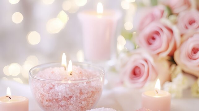 Romantic Candlelight Harmony: Elegant arrangement of pink roses and flickering candles create a serene ambiance. Soft focus effect suggests peaceful feelings of warmth and beauty.