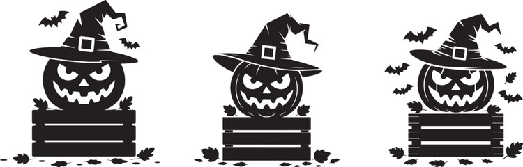 Collection of Pumpkin Witch Halloween Crate Silhouette Set with Bats and Leaves