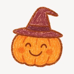 Cute pumpkin wearing witch hat.