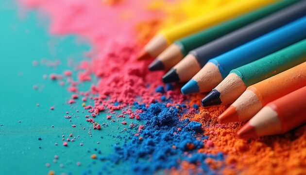 Colorful wax crayons scattered on teal surface with pastel powder. Close-up on drawing tools in vibrant shades of pink, blue, orange, green, and yellow.