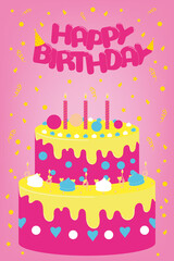 Vibrant pink birthday card with a colorful two-tier cake, candles, and festive confetti, ideal for party invitations and celebrations.
