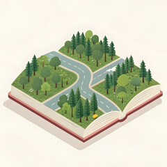 Open book with winding road and green trees landscape