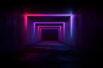 A dark tunnel with purple and pink neon lights creating an abstract background.