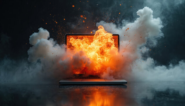 Laptop explodes with intense fire, smoke on dark background. Fiery digital destruction tech failure, cyber attack, system crash. Dramatic scene conveys risk, hazard, destructive impact of digital