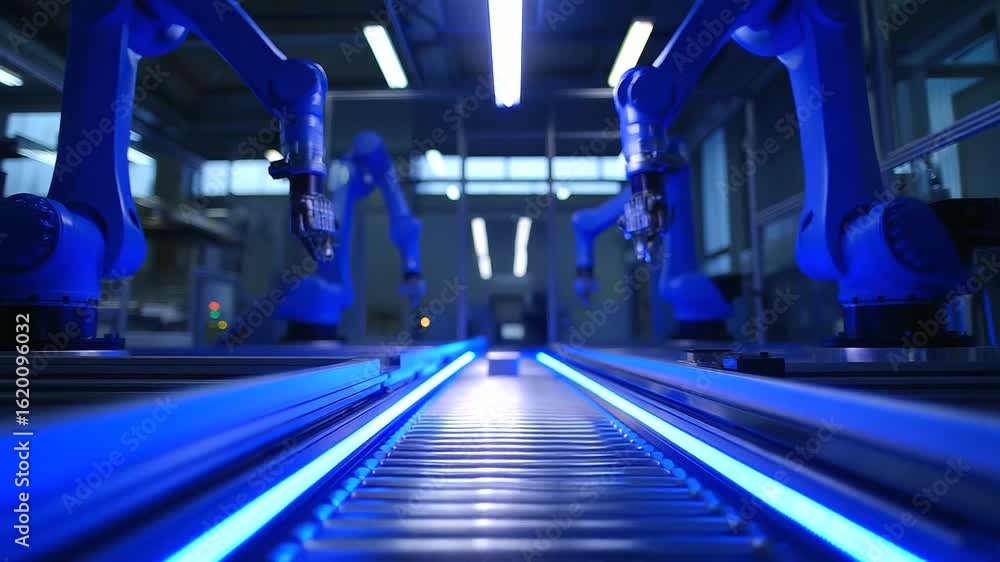 Poster cutting-edge robotics technology in action at a smart factory featuring dual conveyor systems.