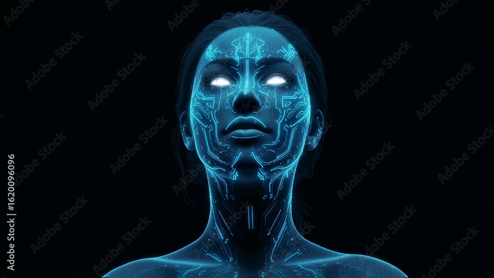 Poster digital woman face with glowing circuit pattern. artificial intelligence technology and cyber human 