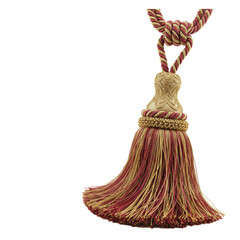 Meticulously crafted crimson and gold silk passementerie tassel tieback, pristine, detailed, luxurious texture, clean white studio background, shadowless lighting, macro lens effect, high-end product