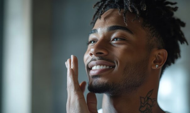 Young attractive man applying anti-aging moisturizer lotion for skincare and dryness, smiling in the mirror in a side view, ideal for skincare and grooming content, Generative AI - Powered by Adobe