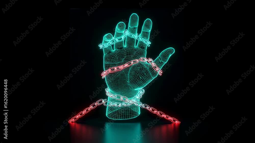 Poster hologram hand in chain in 3d wireframe representing digital modern slavery and dependency a technolo
