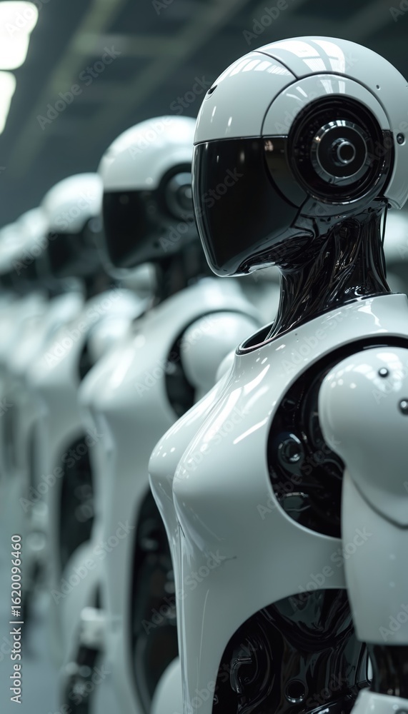 Poster row of sleek white humanoid robots in a futuristic factory assembly line. advanced ai androids showc