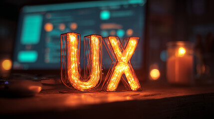 glowing ux letters made of illuminated wire on designer desk — creative concept image for use in user experience design blogs, digital agency websites, app development presentations, or tech startup 