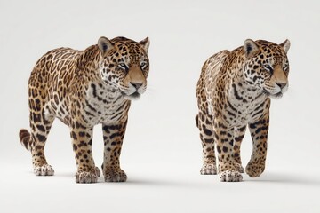 Obraz premium Two jaguars standing on a plain bright white surface The cats are patterned with rosettes