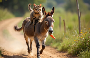 Playful cat rides galloping donkey on dirt road, enjoying carrot snack. Rural setting, sunny day, dust kicks up. Whimsical animal friendship, outdoor fun, motion, joy, and happiness captured.