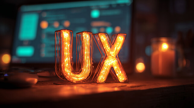glowing ux letters made of illuminated wire on designer desk — creative concept image for use in user experience design blogs, digital agency websites, app development presentations, or tech startup 