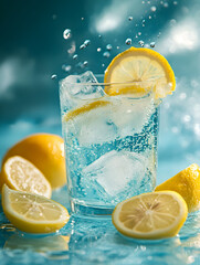 Turquoise drink features lemon, ice. Sparkling droplets surround glass on wet surface. Ideal for beverage ads, summer posters, restaurant branding.