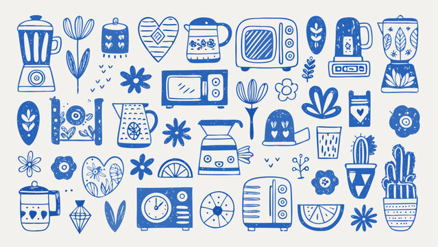 Collection of blue drawn kitchen appliances flowers and decorative items on a white background design