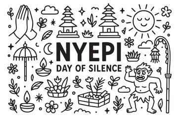 A black and white vector doodle background themed on Nyepi Day of Silence, with bold black outlines, featuring peaceful symbols, Balinese elements, and spiritual stillness.

