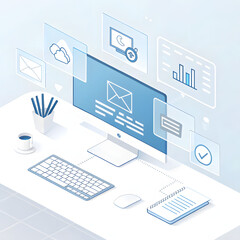 Isometric desk with computer and digital interface elements