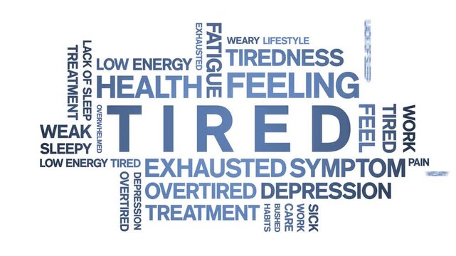 Tired animated word cloud-text design animation tag kinetic typography seamless loop.