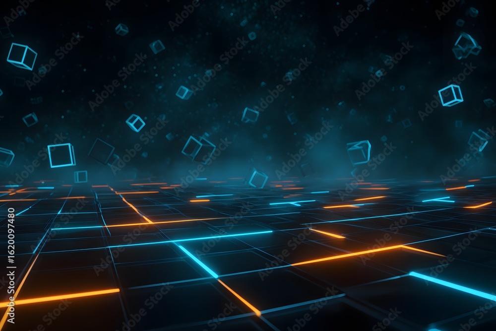 Poster a dark background with neon grid lines and floating geometric shapes. the design is simple yet futur