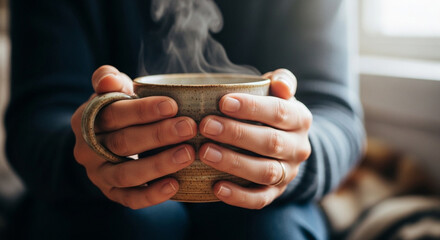 A person holds a warm, steaming mug of a beverage, offering a comforting and cozy feeling of relaxation and enjoyment.