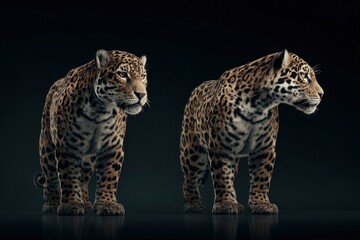 Naklejka premium Two jaguars stand sidebyside facing different directions on a dark reflective surface