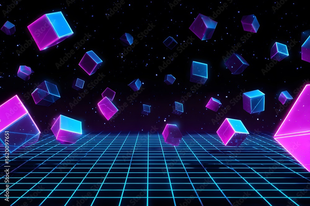 Poster a dark background with neon grid lines and floating geometric shapes. the design is simple yet futur