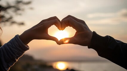 Heart Hands at Sunset Romantic Silhouette with Glowing Sun over Water