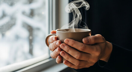 A person's hands gently cradle a warm mug of steaming beverage, creating a cozy and comforting moment near a window.