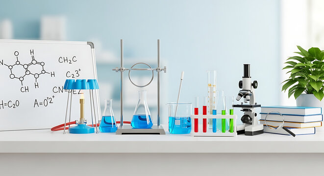 A science lab setup with beakers, test tubes, microscope, and whiteboard with chemical equations back to school ai generated