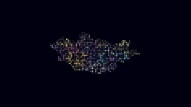Mongolia dotted animation. Shape of the country build of pulsating colored dots. Small size circle blocks. Digital style map on dark background. Stylish video.