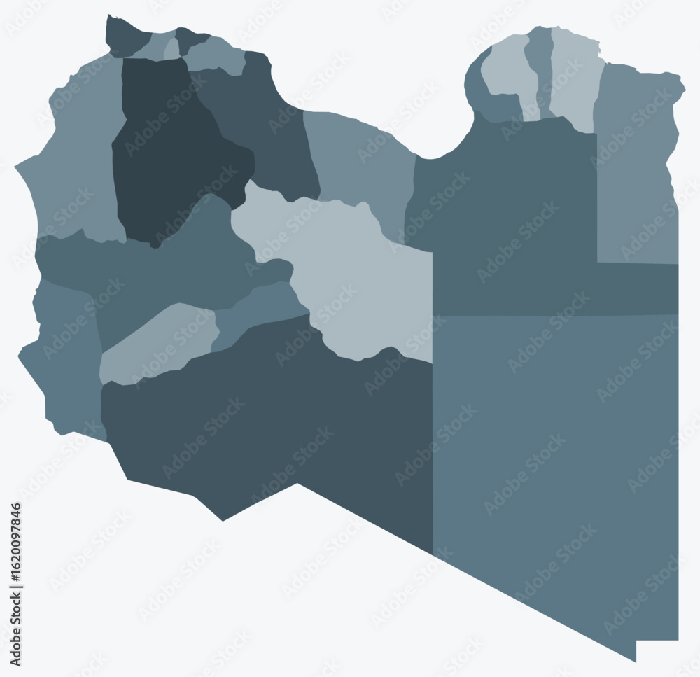 Poster map of libya with regions. just a simple country border map with region division. blue grey color pa