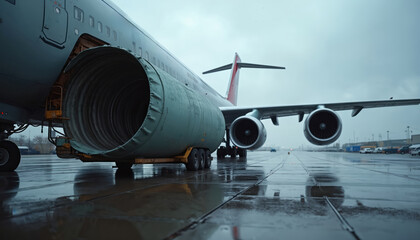 Obraz premium Aircraft cargo loading of oversized cylindrical container onto aircraft. Freight transport, logistics, air delivery, global distribution for business and trade.