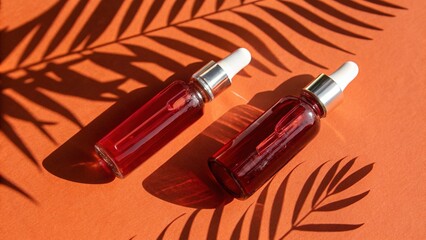 Dropper Bottle Product Shot Red Liquid on Orange Surface with Palm Shadows