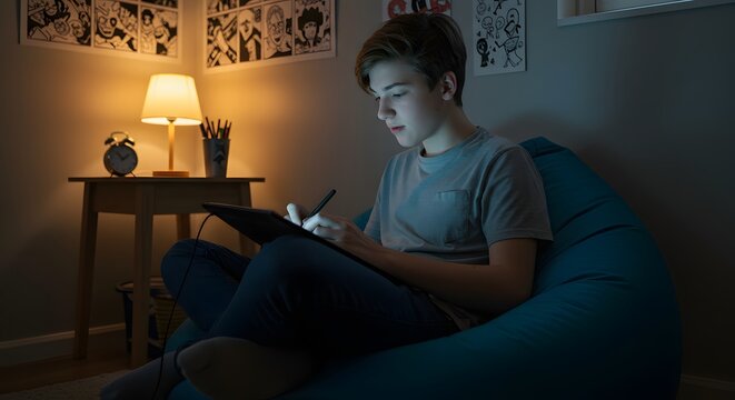 A teenage boy sits in a beanbag chair, drawing on a digital tablet in his dimly lit bedroom at night.
