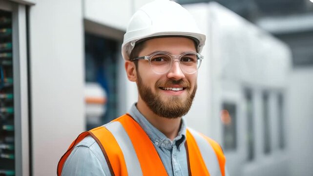 Energetic young engineer working with electrical switchgear in an industrial setting.