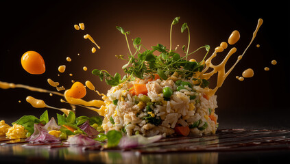 Fried rice dish for National Fried Rice Day in dark abstract style