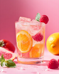 Fruity drink shines. Pink background. Use it for product shots, branding, or menus.