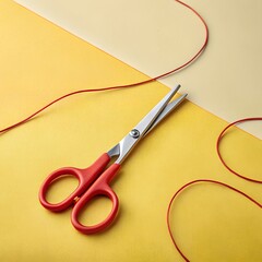 Scissors Cutting a Red String on a Yellow Background