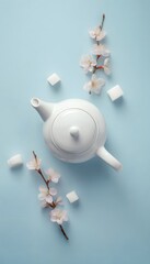 Top view of a white teapot with round lid near sugar cubes and peach blossoms on blue surface