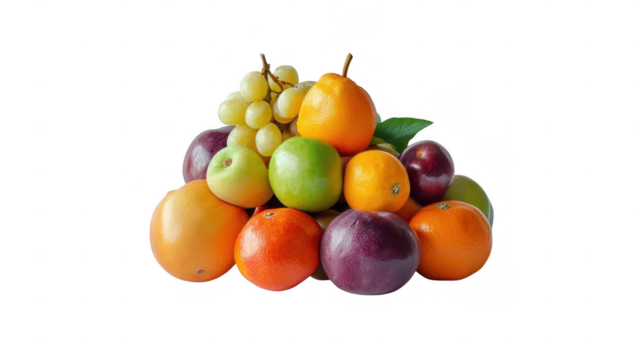 Bright assortment of various fruits including oranges, pears, and grapes artistically stacked against a clean backdrop