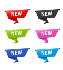 Set of six new labels in various colors isolated on transparent background
