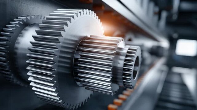 Metal gear machinery close up with shiny silver teeth in industrial mechanical equipment showing precision and engineering detail