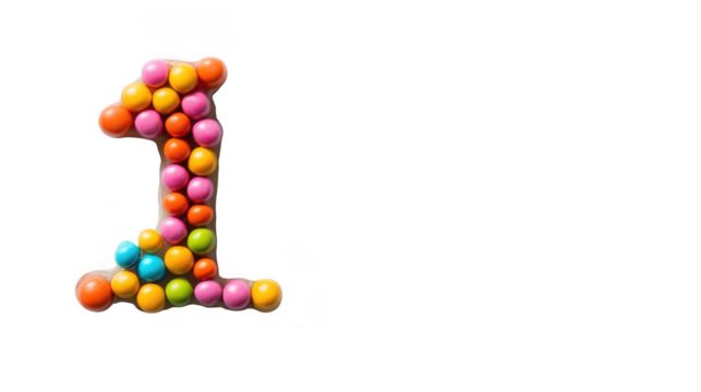Bright, multicolored candies arranged in the shape of the number one, perfect for parties and celebrations