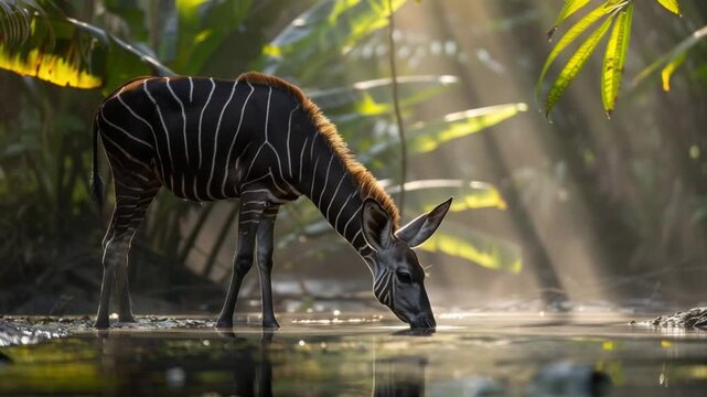 A Okapi drinking water in a misty forest
